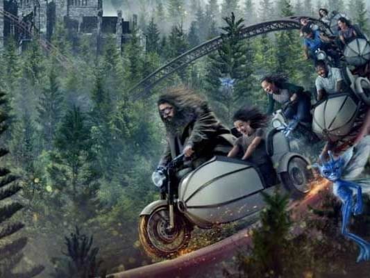 photo of Hagrid on a motorcycle escorting students through the
          Forbidden Forrest