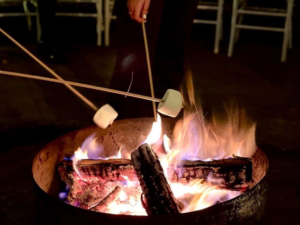 People toasting marshmallows over a glowing campfire at night near Fiesta Americana