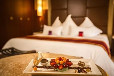 Close up of a fruit platter served in a room at Hotel Sumaq
