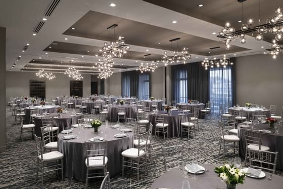 tables and chairs in a ballroom