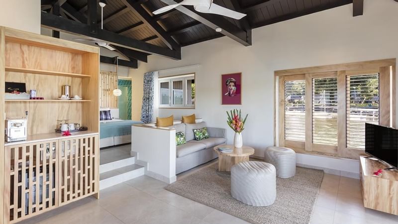 Interior of the living area in Overwater Villas at Warwick Le Lagon