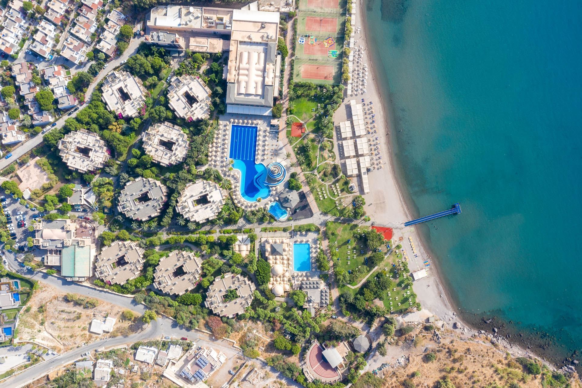 An aerial view of the hotel & beach at Bodrum Imperial 