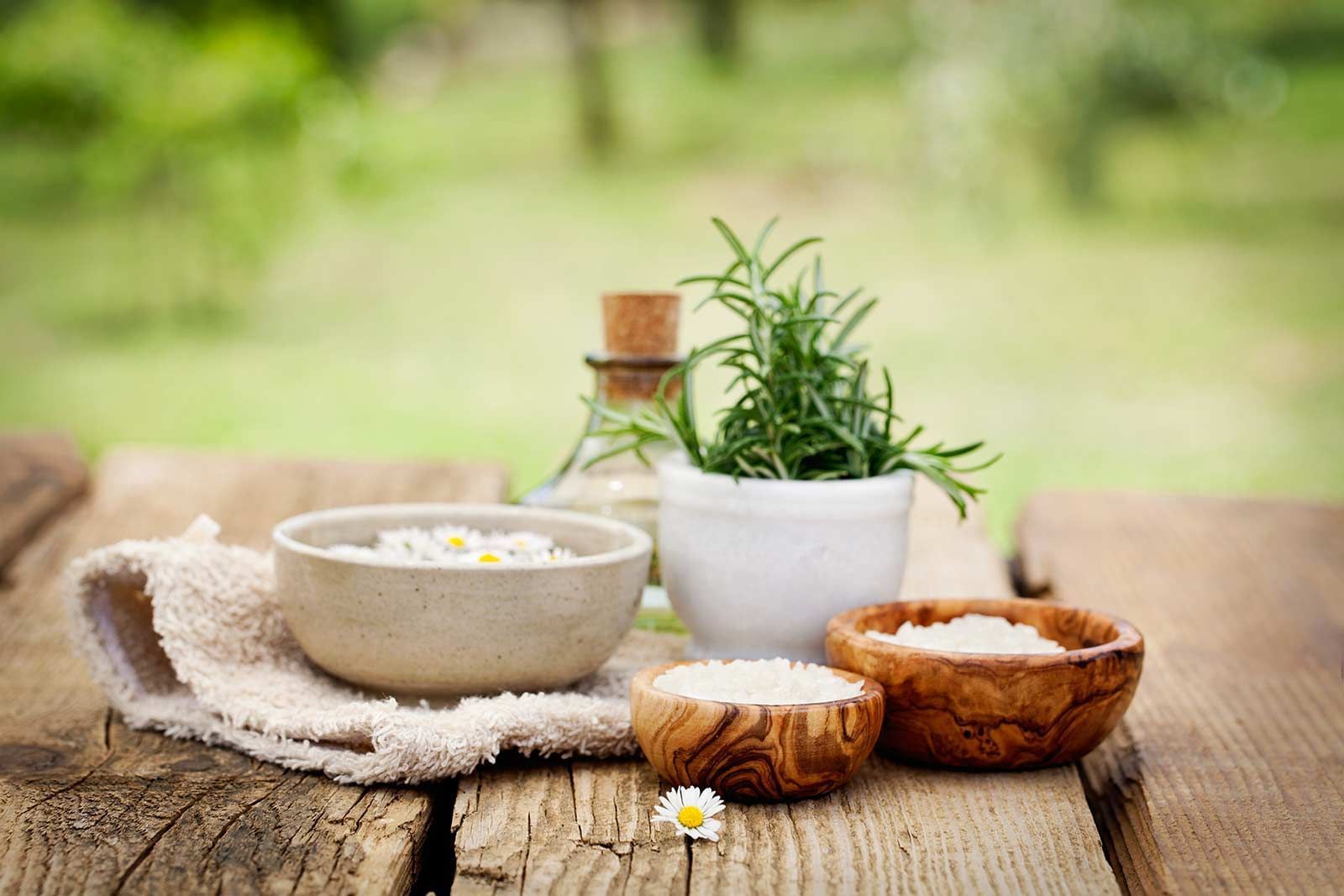 salts and herbs on table