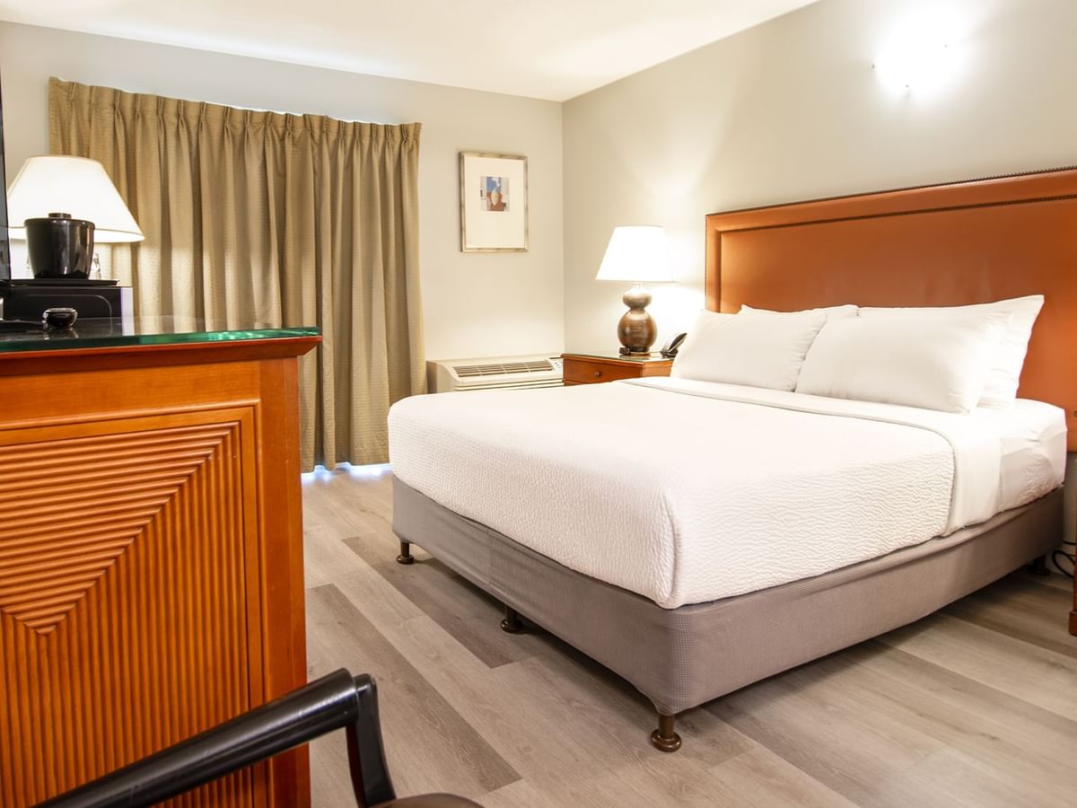 Hotel guestroom with queen bed and TV