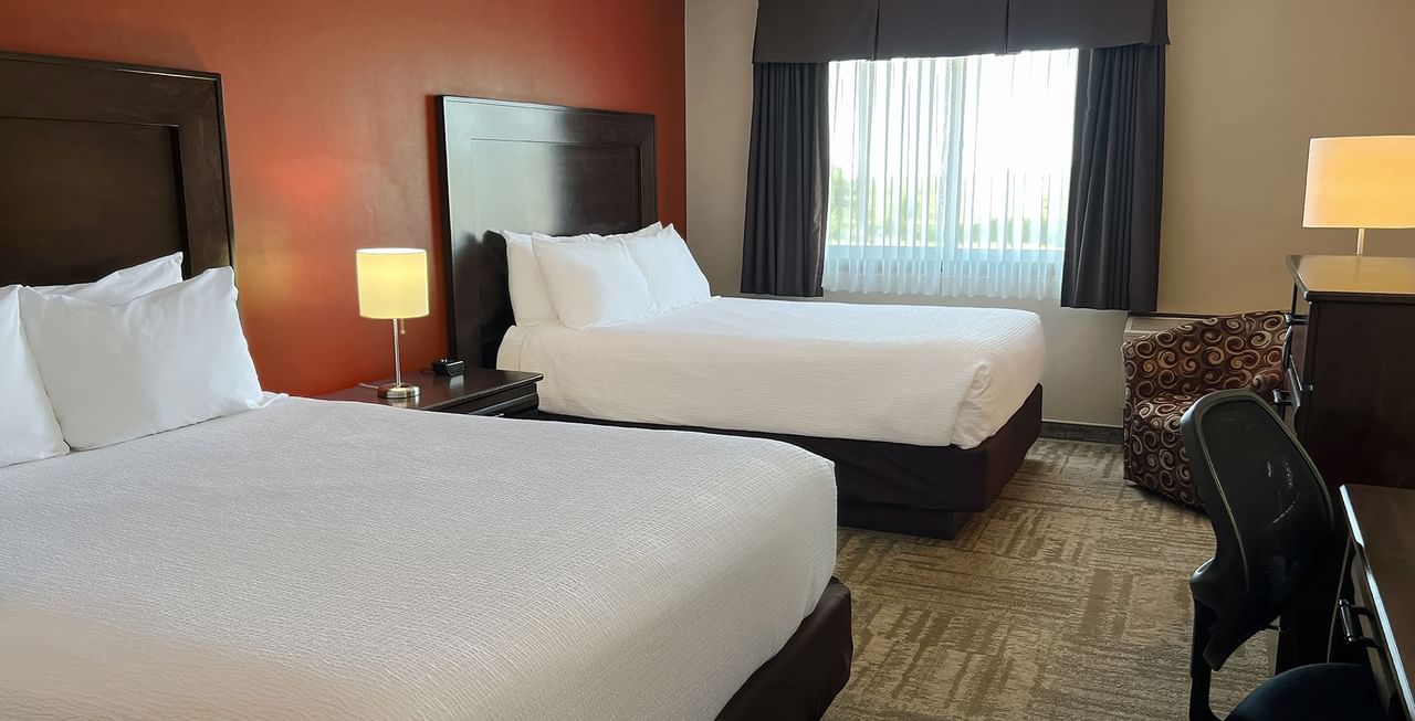 Two beds, desk, lamp, chair, and a small couch in hotel room