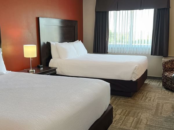 Two beds, desk, lamp, chair, and a small couch in hotel room