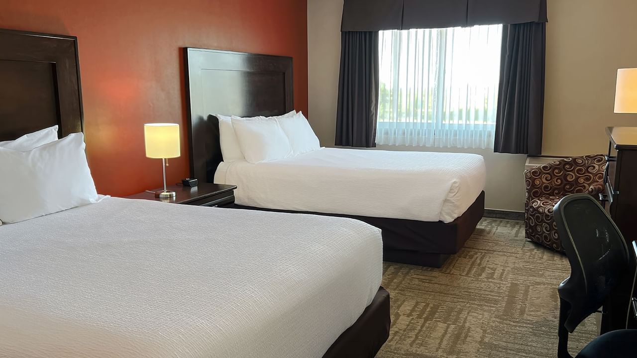 Two beds, desk, lamp, chair, and a small couch in hotel room