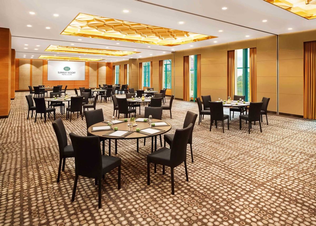 Baquet-style table set up in a meeting venue at Sunway Hotels & Resorts