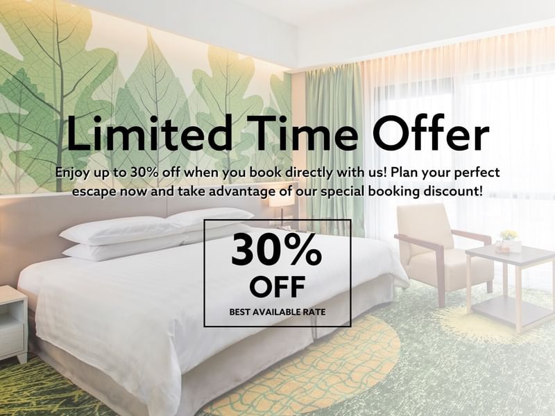 Hotel room with a limited time offer of 30% off direct bookings.