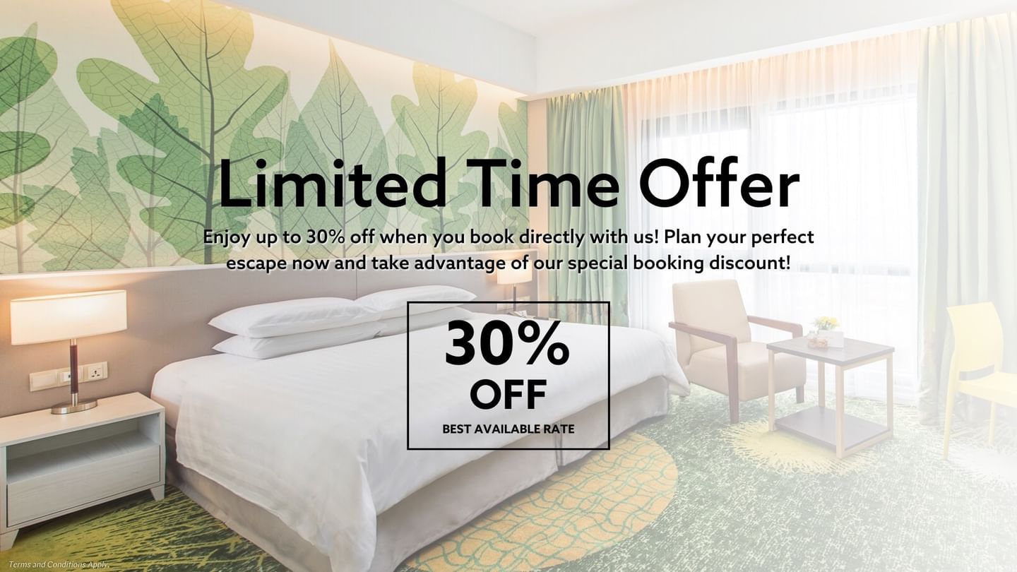 Hotel room with a limited time offer of 30% off direct bookings.