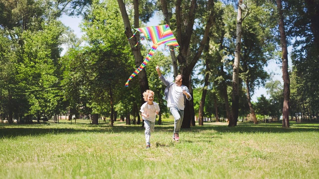 A dad and his son flying a colorful kite in a park on a sunny day.