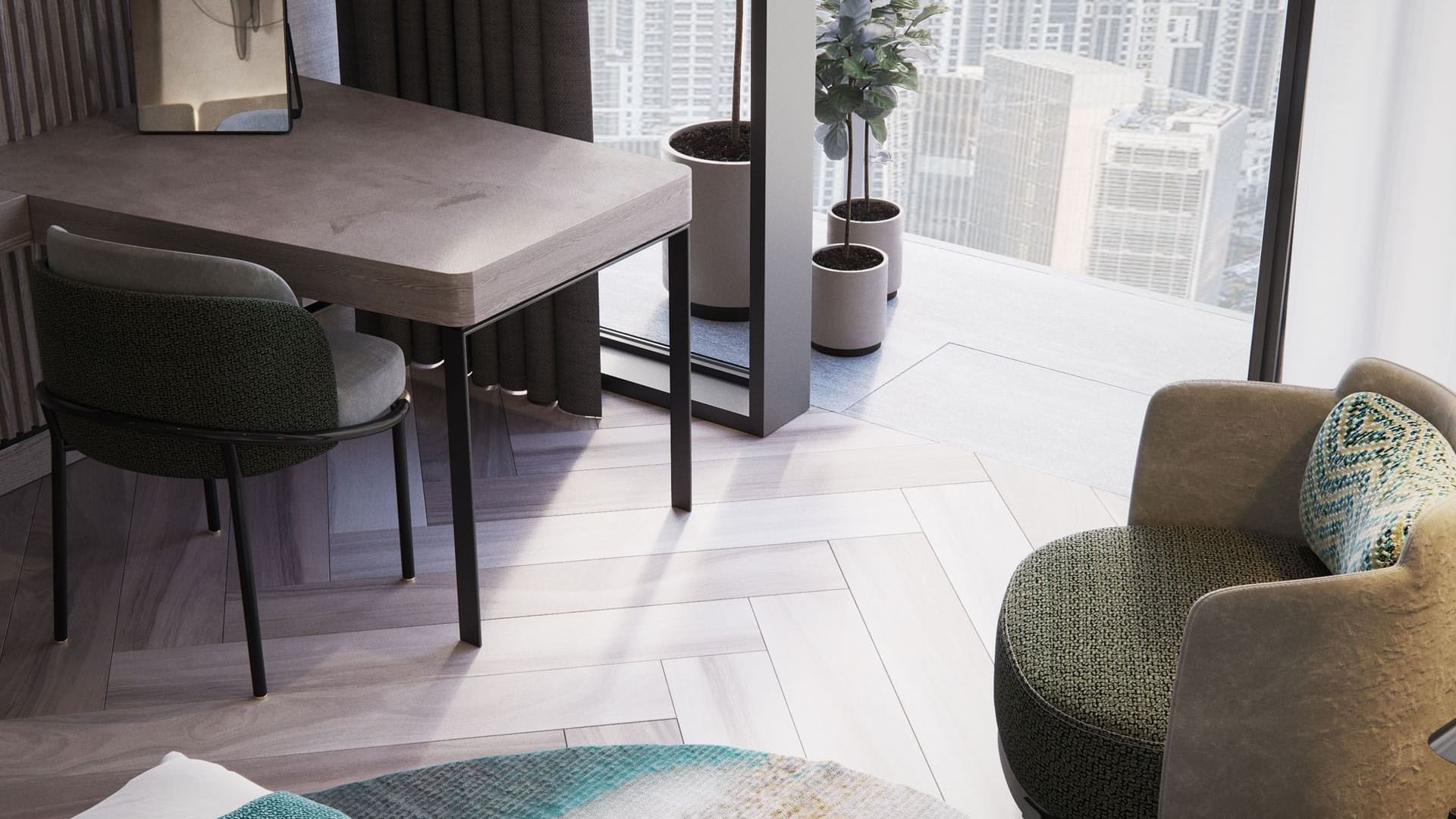 Working desk and a chair in the Family Scene Room at Paramount Hotel Midtown