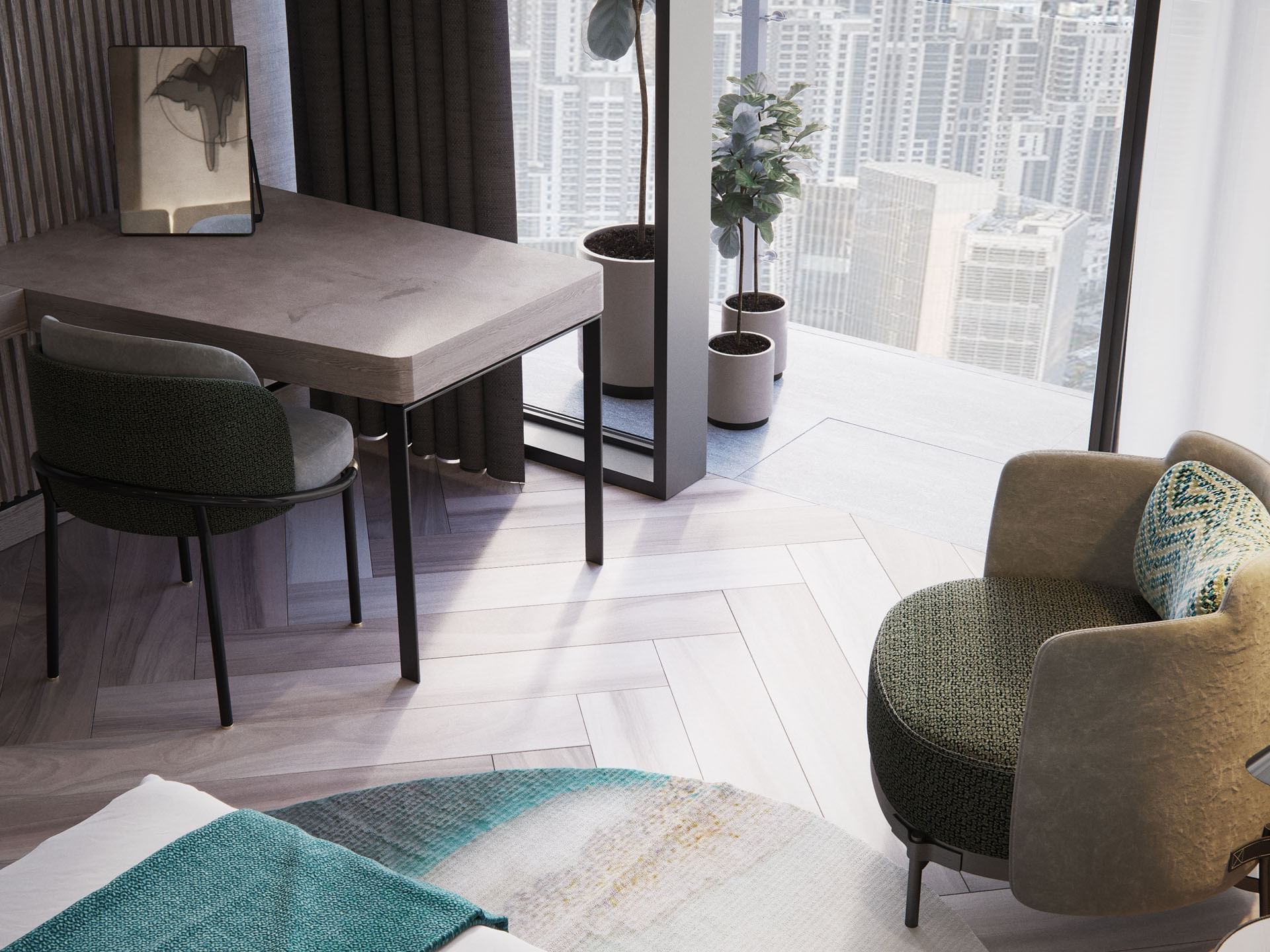 Work desk and a lounge by the balcony in a room at Paramount Hotel Midtown