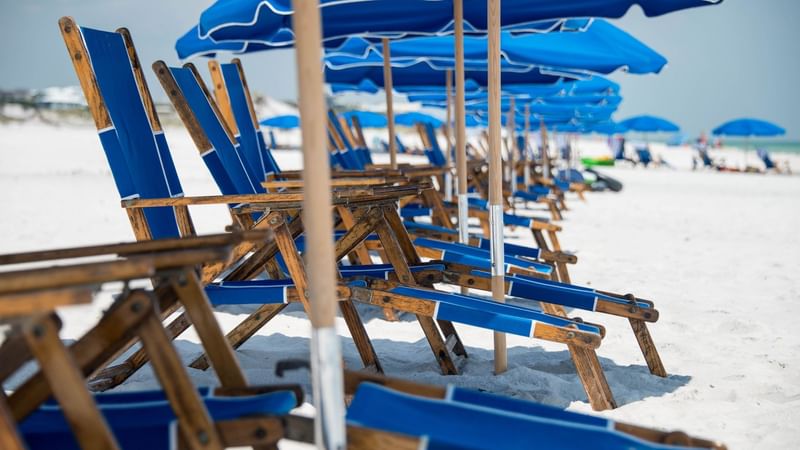 Close-up of sunbeds and umbrellas by the beach at Watersound Inn