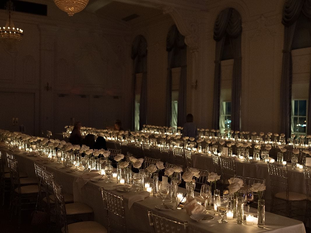 Arranged table set-up in reception at The Mayo Hotel