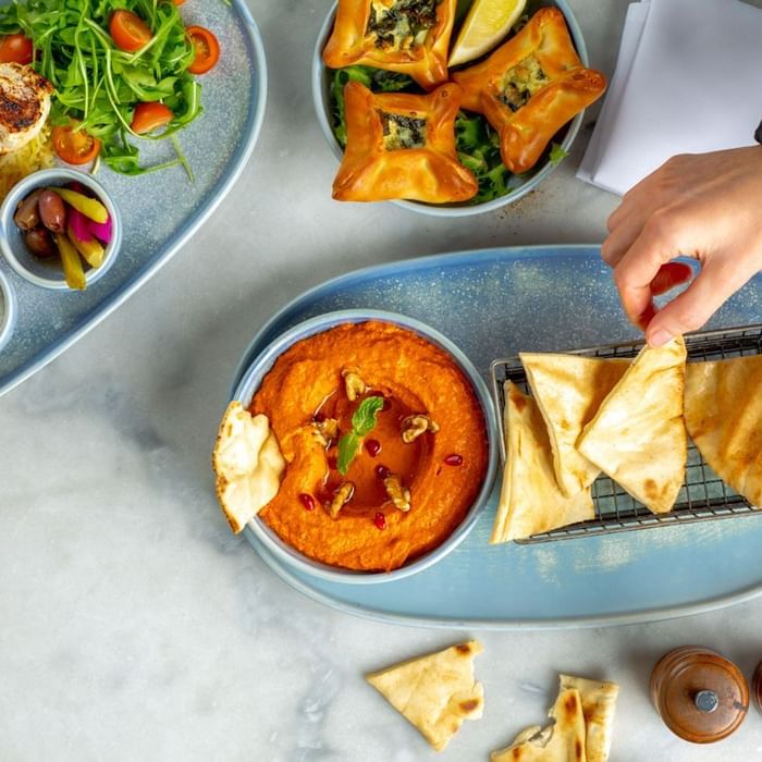 Muhammara & dish served, Meze Restaurant, Novotel Glen Waverley