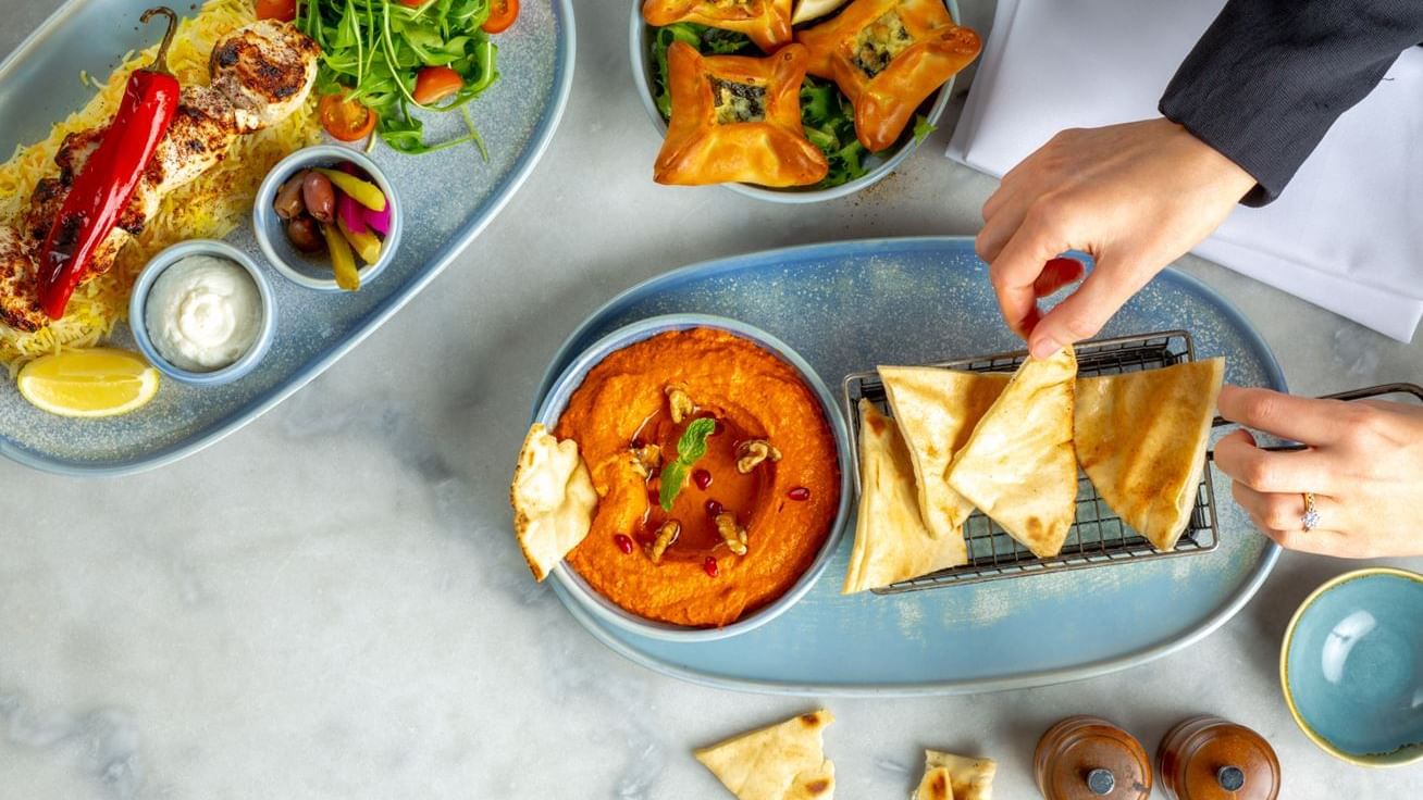 Muhammara & dish served, Meze Restaurant, Novotel Glen Waverley