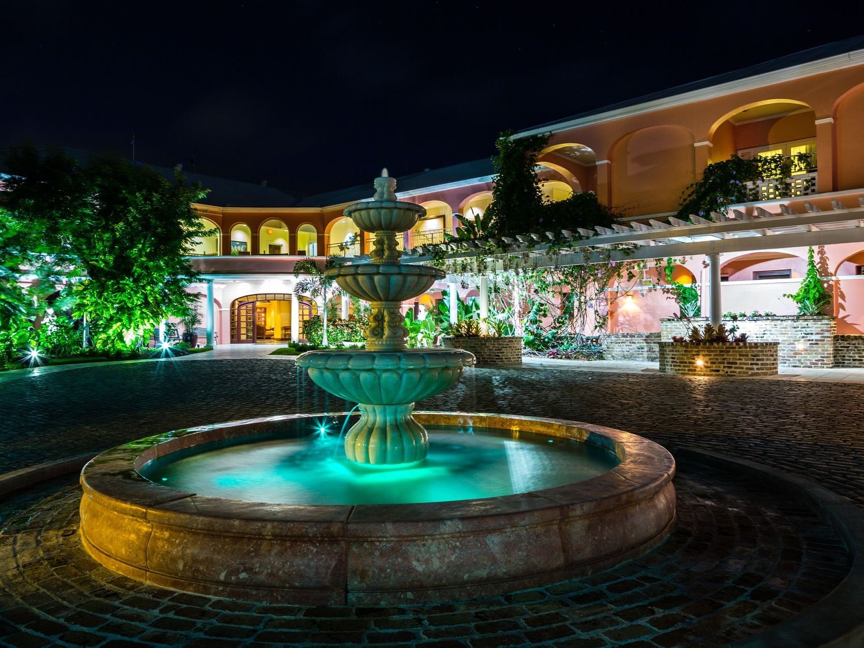 Water fountain at the entrance of Great House at The Buccaneer