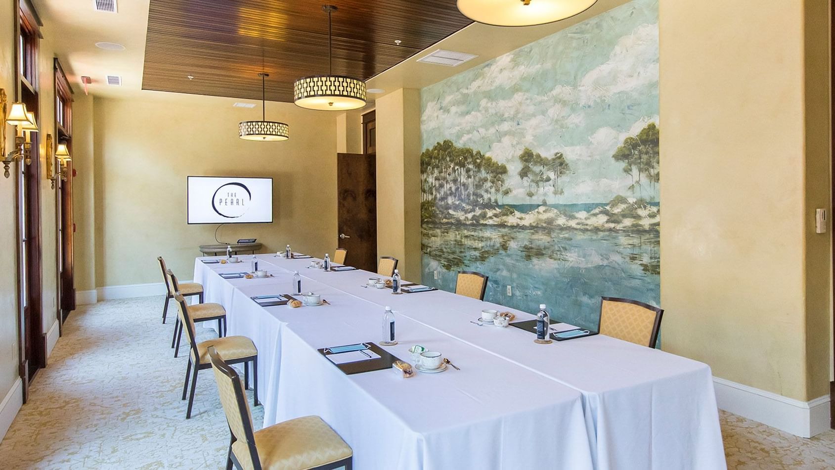 Meeting table setting in Hemingway Room at The Pearl Hotel