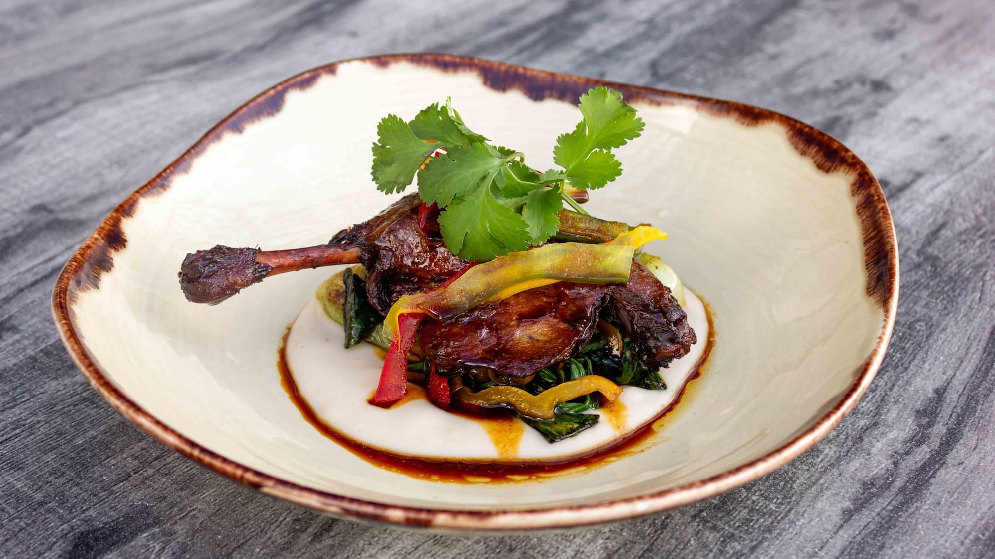 Plate of duck leg with cilantro garnish on top, served over a creamy sauce with vegetables.