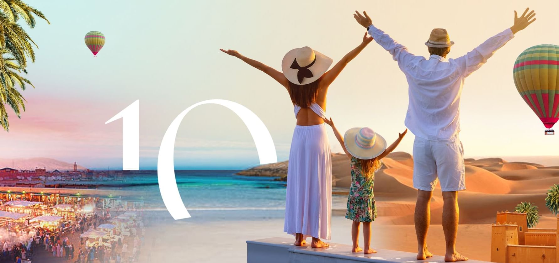 Family with arms wide open on the edge of a pool with a number 10 at Kenzi Hotels Group