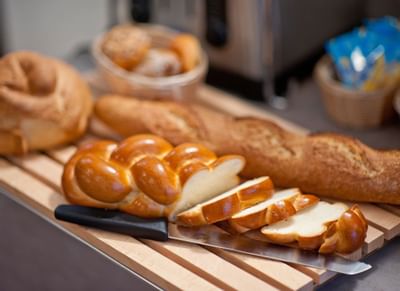 Close-up of freshly baked french bread slices at Hotel Sternen