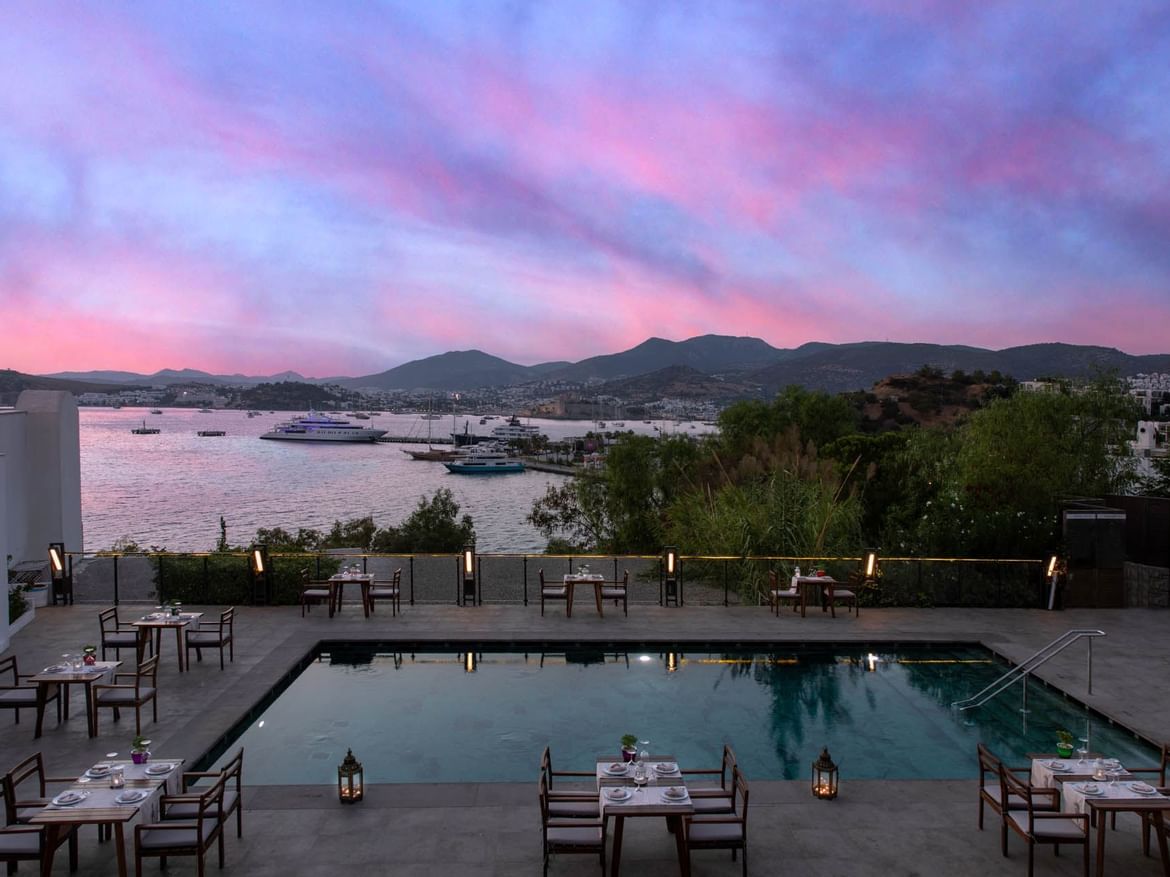 Aerial view of the dining setup near the pool at Senses Hotel