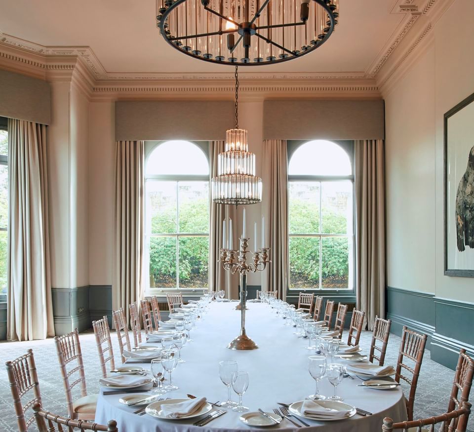 Table arrangement with chandeliers in Ebor, York wedding venues at The Milner York