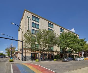 Low-angle view of hotel exterior at Varscona Hotel on Whyte