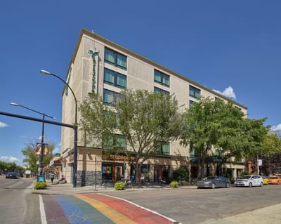 Low-angle view of hotel exterior at Varscona Hotel on Whyte