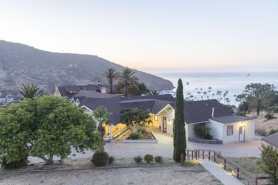 Aerial view of sea and valley near Banning House Lodge