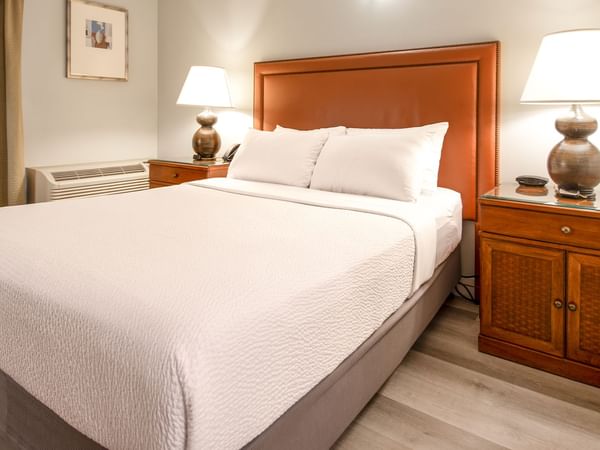 Hotel guestroom with queen bed