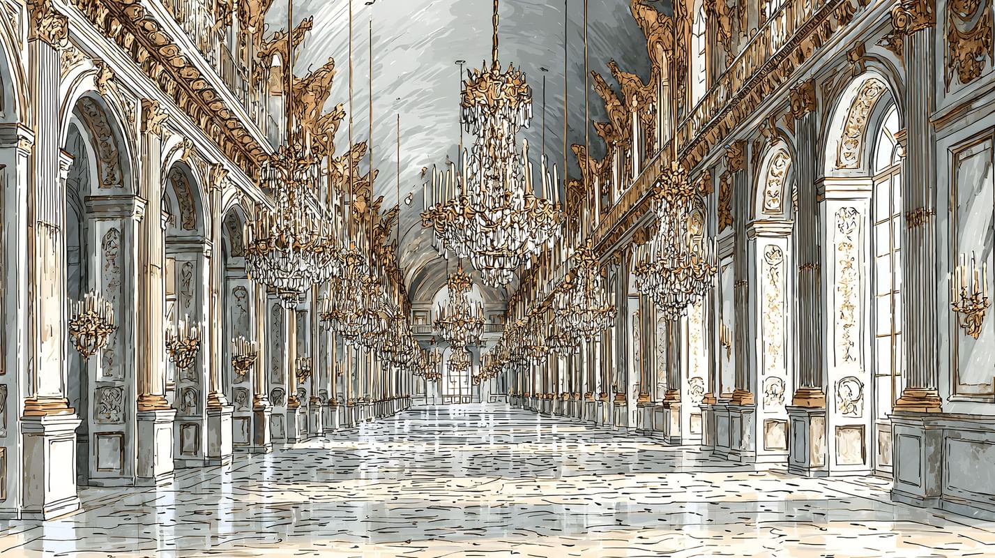 Illustration d'une galerie palatiale ornée de lustres en cristal et de dorures à l'Hotel Westminster Warwick Paris