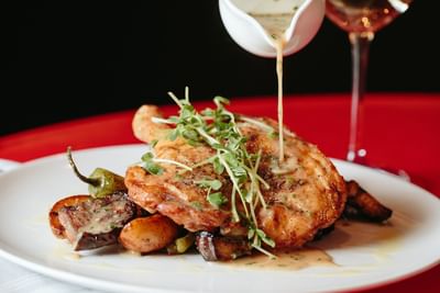 Gourmet dish of roasted chicken and vegetables with a creamy sauce at the restaurant in The Exeter Inn