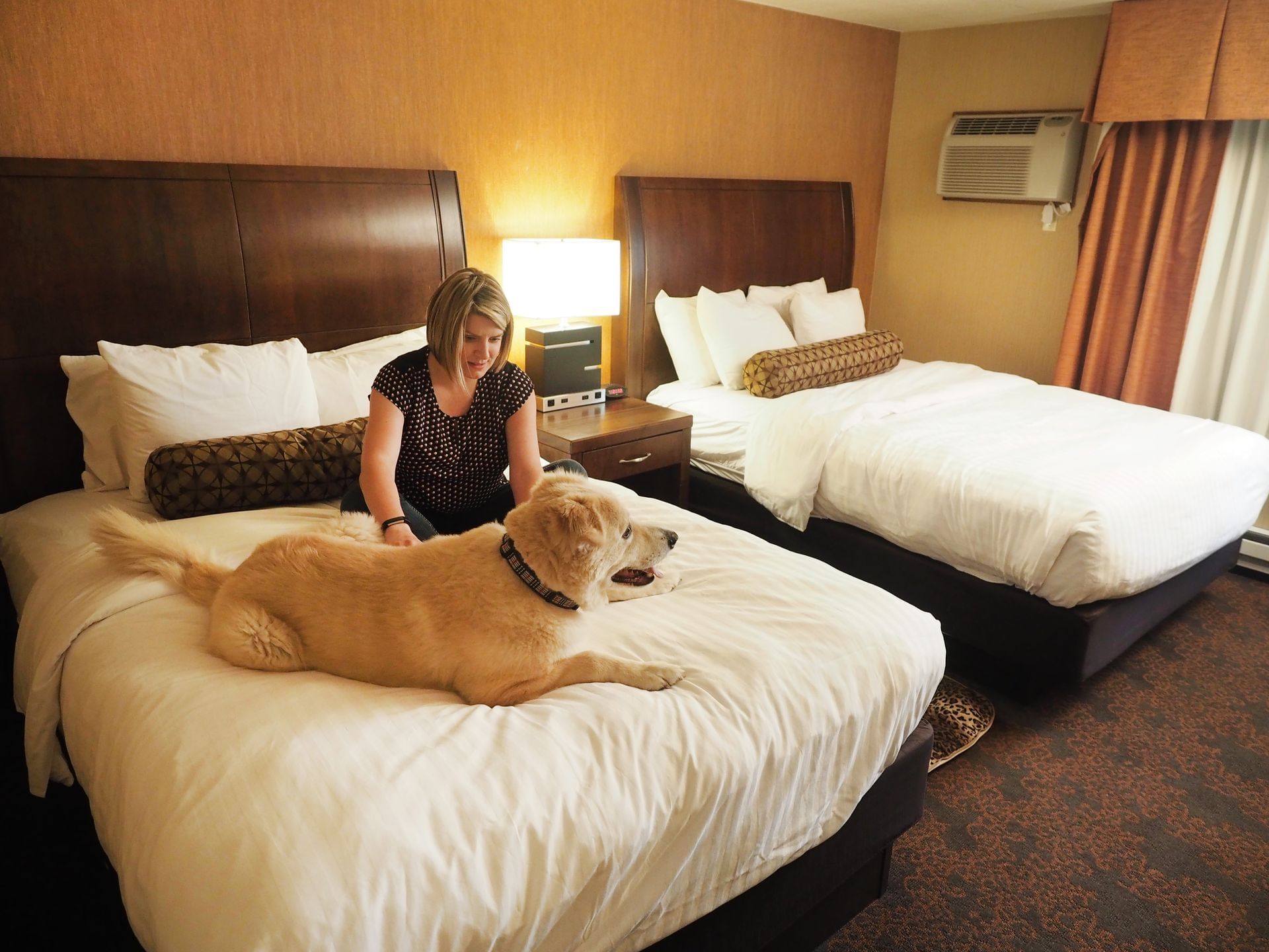 Woman with dog in pet friendly room with 2 queen beds at Evergreen Resort in Cadillac.