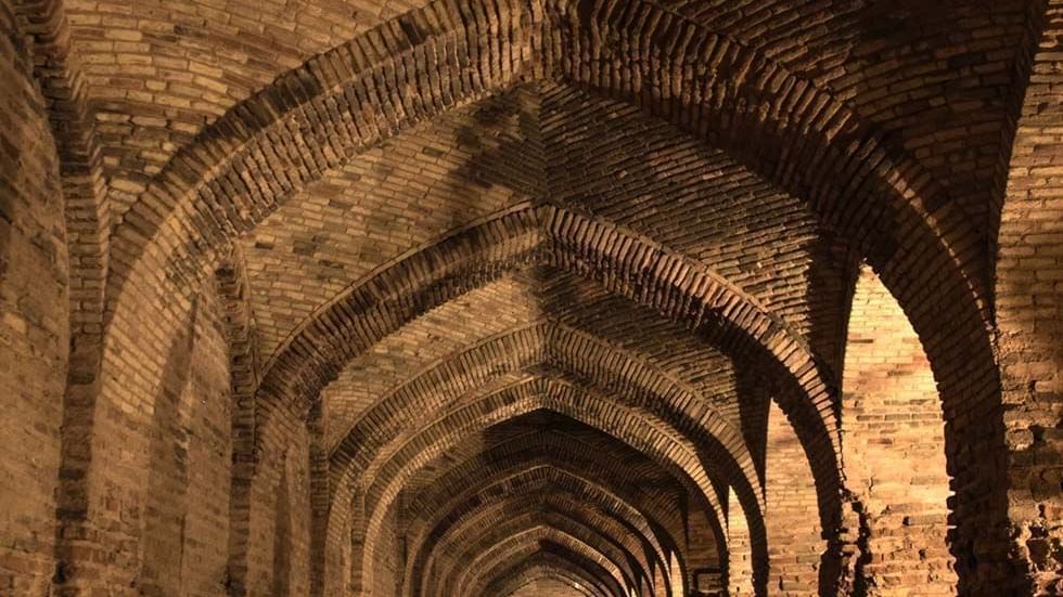 Arched brick ceiling of an ancient tunnel near Falkensteiner Hotel Belgrade