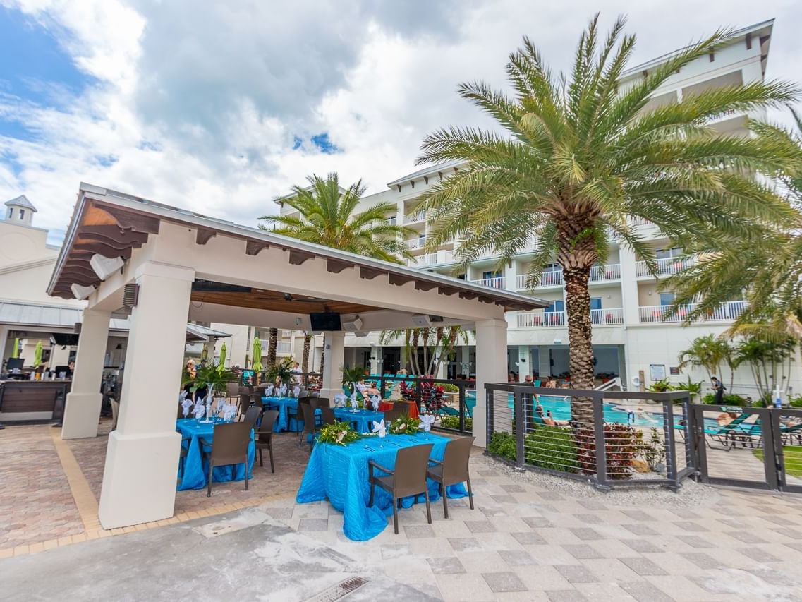 Table setup at Tiki beach bar in Shephard's Beach Resort