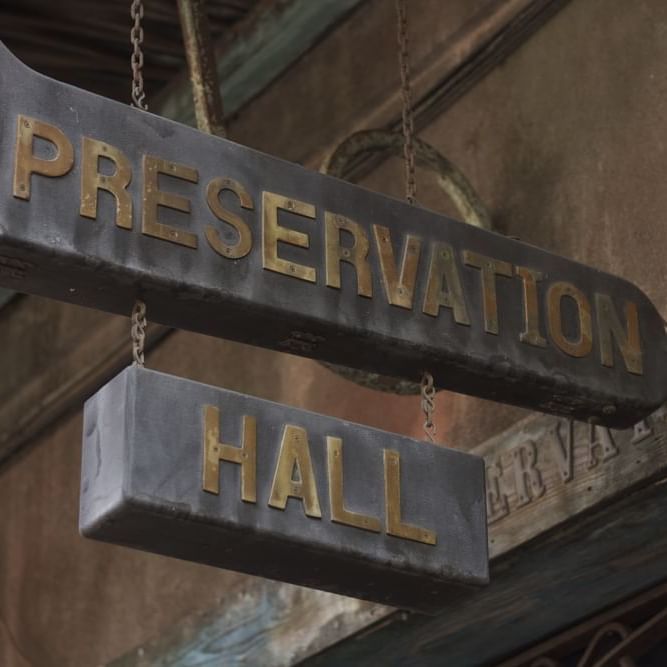 Preservation Hall sign near Hotel St. Pierre