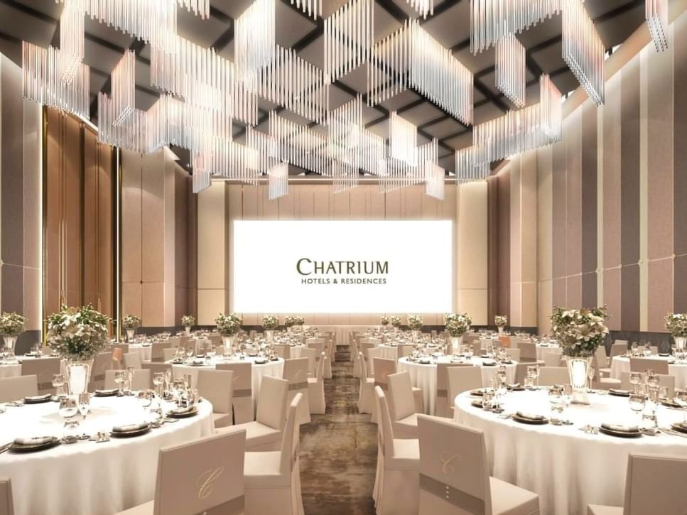 Banquet tables in Busaban Hall at Chatrium Grand Bangkok