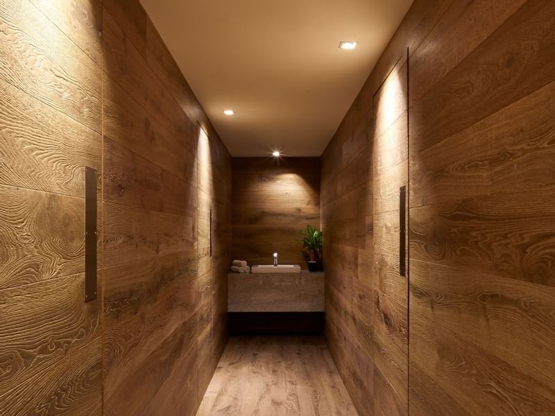 A wooden hallway of a spa at FA Hotels & Resorts