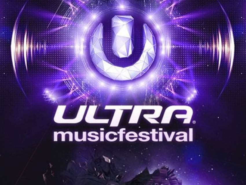ULTRA Music Festival logo with a stylized U symbol on a purple background with abstract elements.