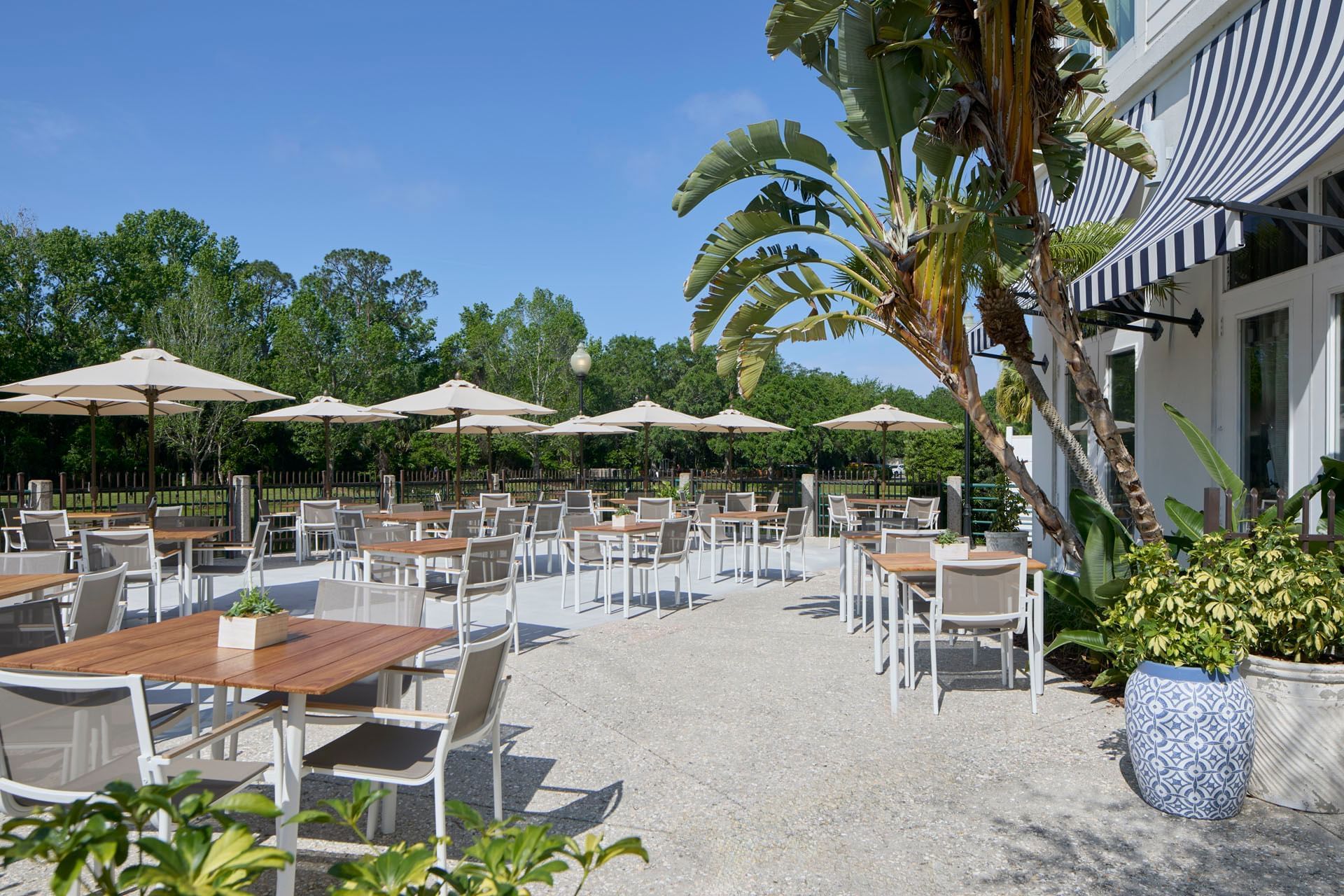 The spacious and sunny outdoor dining patio at Inn at Celebration works well as a versatile celebration FL event space