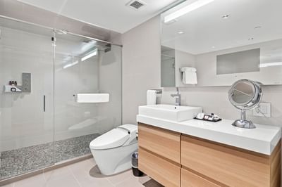 Bathroom vanity in Presidential Suite at The J House Greenwich, a hotel in Greenwich CT for hedge fund and corporate stays