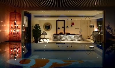 Interior of the lobby area with lounges at Hotel Éclat Beijing