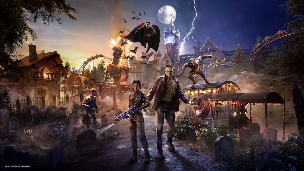 A conceptual rendering of a woman with a large weapon and Frankenstein’s monster surrounded by werewolves, vampires, and other creatures in a dark setting with a roller coaster and a tower being struck by lightning in the background.  