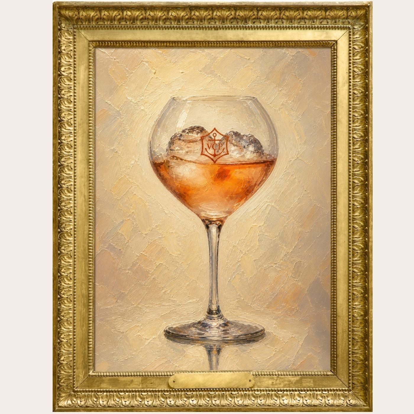 Golden frame holds a painting of a wine glass with ice and Veuve Cliquot at The Londoner