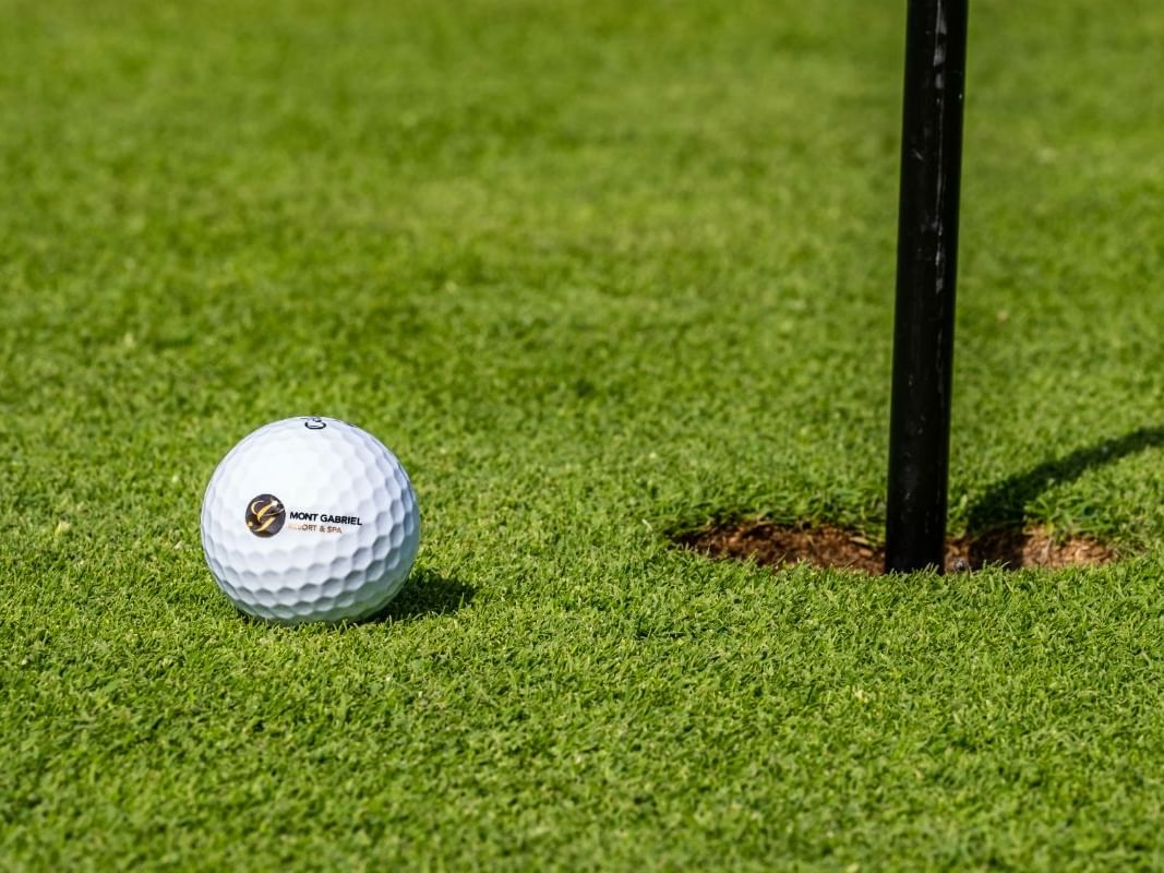 Closeup of a golf ball near Mont Gabriel Resort & Spa