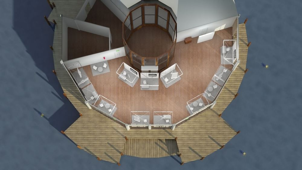 Top-down view of Lily’s on the Lagoon with several enclosed spaces at the Novotel Sunshine Coast Resort