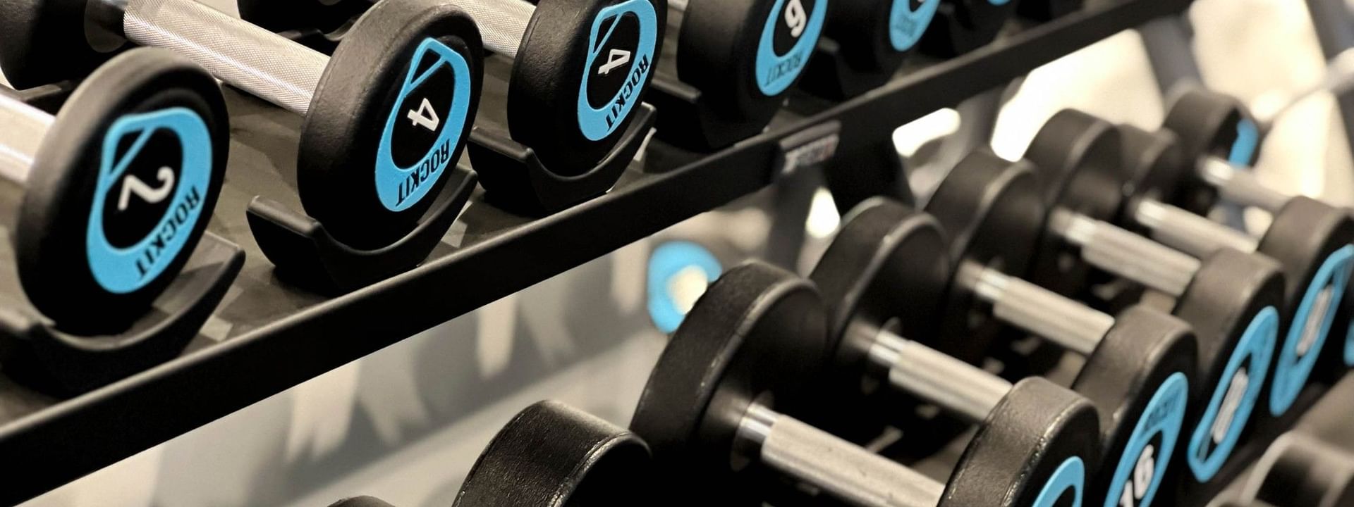 Multiple black dumbbells with blue logos lined up on racks at The Naviti Resort in Korolevu