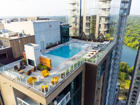 Aerial view of the Austin Condo Hotel with the rooftop pool